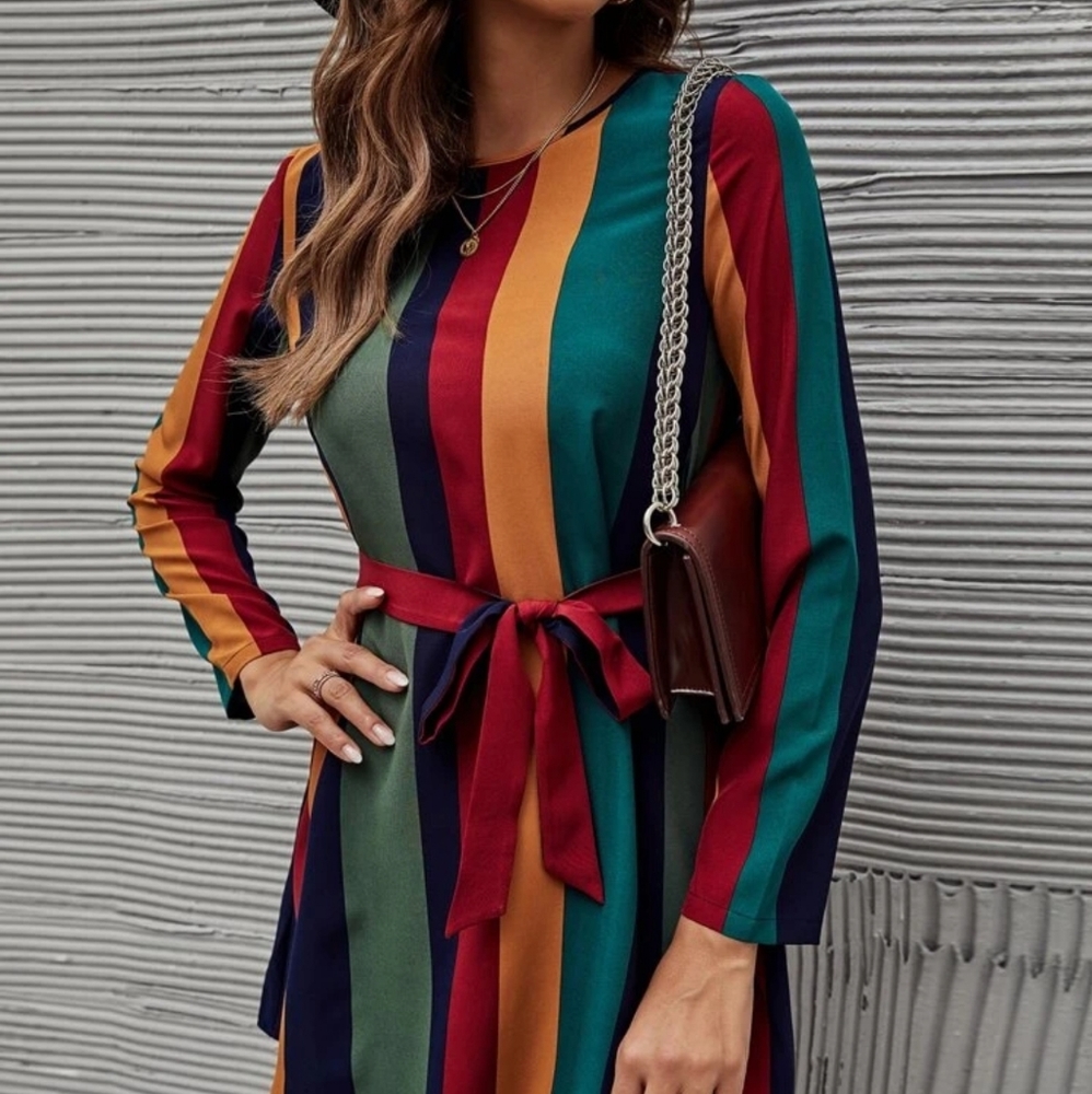 Colorful striped dress sure to cheer you up and slim you down!